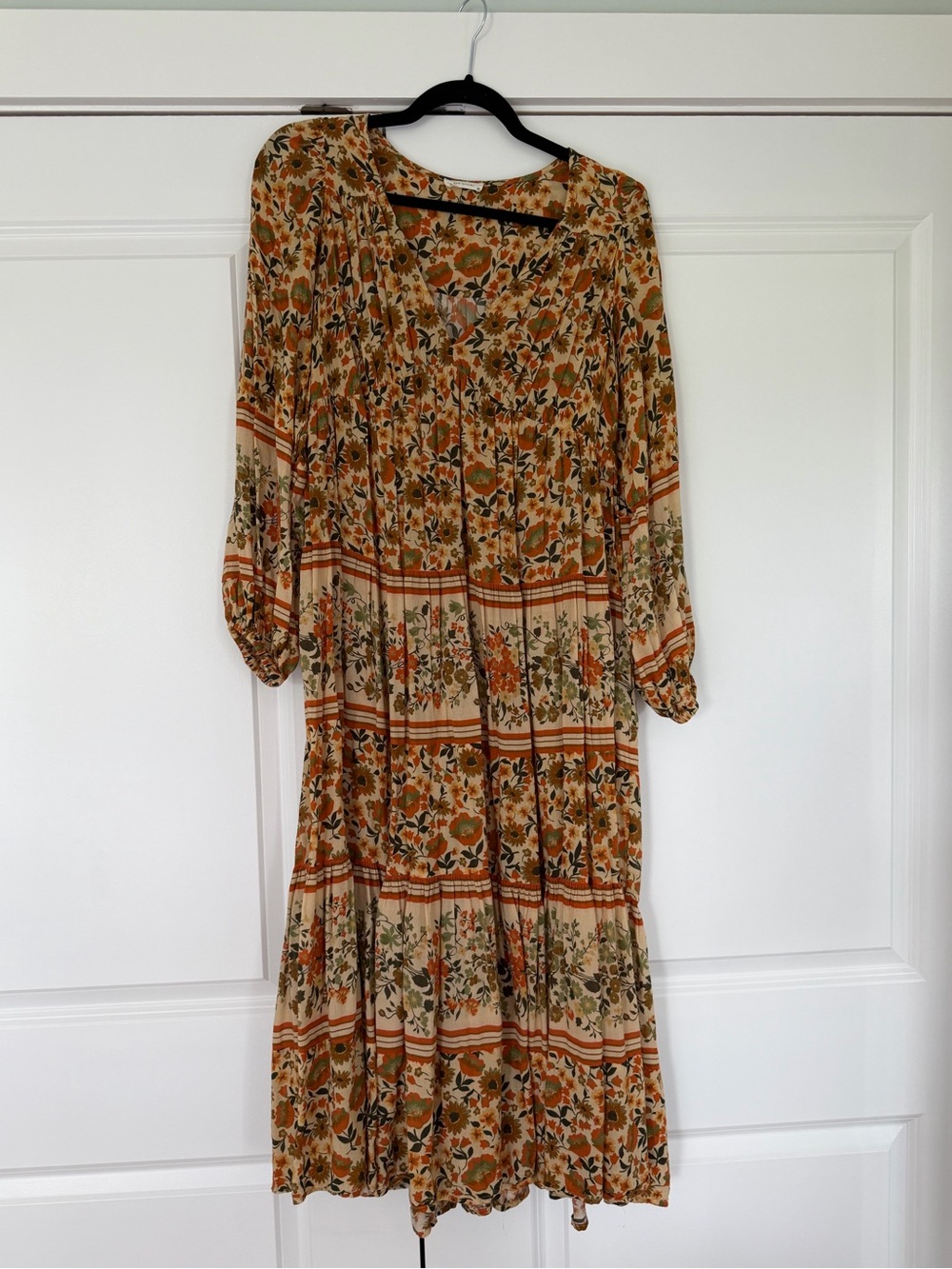 Spell Beige Floral Tiered Midi Dress with Orange Accents